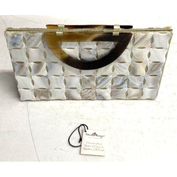 Mad Bags Handcrafted Mother Of Pearl Clutch Bag With Brown Handle Elegant Design - Picture 3 of 7